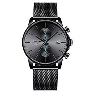Affute Uhren Herren-Armbanduhr, modisch, sportlich, Quarz, analog, schwarzes Mesh, Edelstahl, wasserdicht, Chronograph, automatische Datumsanzeige
