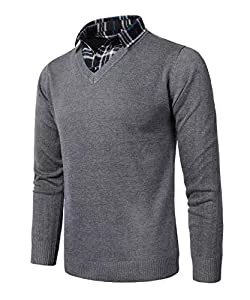 KTWOLEN Pullover & Strickmode KTWOLEN Herren 2 in 1 Hemd Kragen Langarm Strickpullover V-Ausschnitt Pullover mit Hemdkragen Mock Hemd Strickjacke Einfarbig