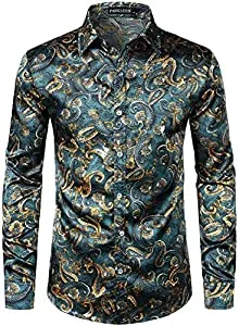 PARKLEES Hemden PARKLEES Herren Casual Luxus Bedruckt Seide Like Satin Button Down Kleid Shirt für Party Hochzeit