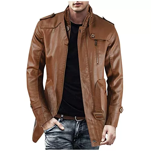 Generic Jacken Jacke Herren Herren Winterjacken Weicher Mantel Lässige Lederjacke Reißverschluss Langarm Stehkragen Jacke Mode Trenchcoat Hellbraun Mantel Herren