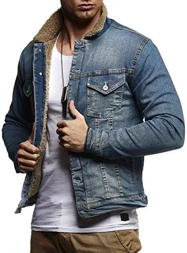 Leif Nelson Jacken Leif Nelson Herren Jeansjacke Basic Stretch Jeans Jacke mit Fell Stehkragen Übergangsjacke Freizeitjacke Slim Fit