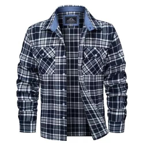 MAGCOMSEN Jacken MAGCOMSEN Herren Langarm Kariertes Hemd Checked Flanell Shirt Lässige Frühling Karohemd Baumwolle Weich Arbeitshemd Basic Plaid Hemdjacke Outdoor Revers Freizeithemd mit Multi Taschen