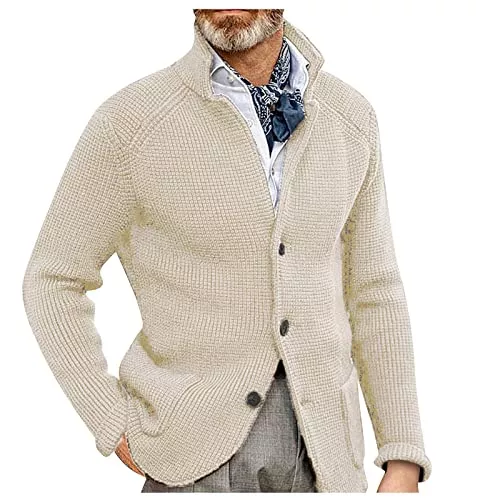 Generic Strickjacken Strickjacke Herren Schalkragen Grobstrick Cardigan 2023 Herren Strickjacke Knopfverschluss Zopfmuster Strickjacke Cardigan Stehkragen für Herbst Winter Wolle Pullover Jacken Freizeitjacke