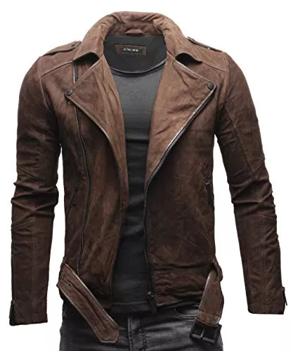 Crone Jacken Crone Fynn Herren Biker Lederjacke Basic Echtleder oder Ecoleder Jacke mit Gürtel und Reverskragen