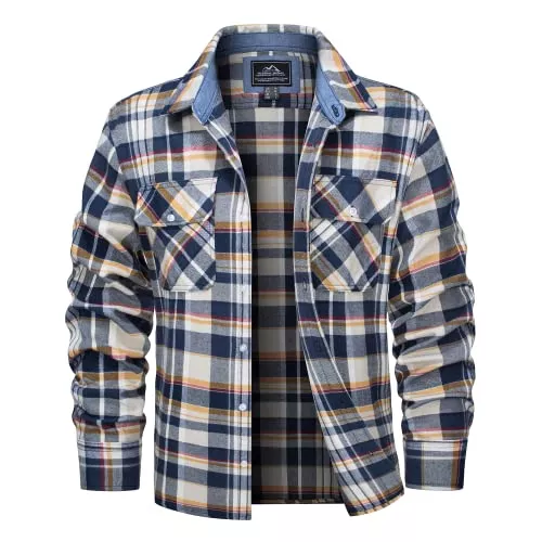 MAGCOMSEN Jacken MAGCOMSEN Herren Langarm Kariertes Hemd Checked Flanell Shirt Lässige Frühling Karohemd Baumwolle Weich Arbeitshemd Basic Plaid Hemdjacke Outdoor Revers Freizeithemd mit Multi Taschen