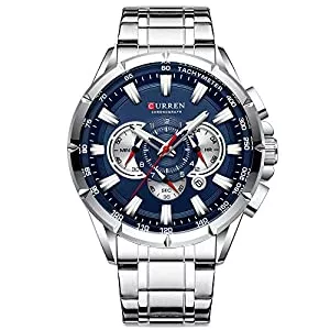 CURREN Uhren Curren Herren-Armbanduhr, drei Zifferblätter, Datumsanzeige, silberfarbener Stahl, Sport-Quarzuhr, blaues Gehäuse, 8363, silber, 48, Armband