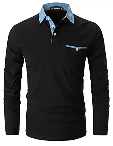LIUPMWE Poloshirts LIUPMWE Poloshirt Herren Langarm Slim Fit Denim Nähen Einfarbig Männer Golf Polo Shirts Baumwolle Polohemd
