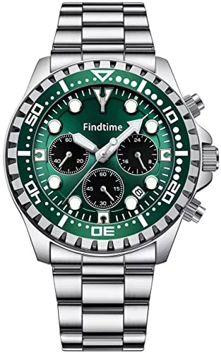 findtime Uhren findtime Uhren Herren Gold Luxus Mode Stilvolle Design Armbanduhr Edelstahl Grün Chronograph Herrenuhr Analog Quarzuhr Datum 3ATM Wasserdicht Uhr für Männer