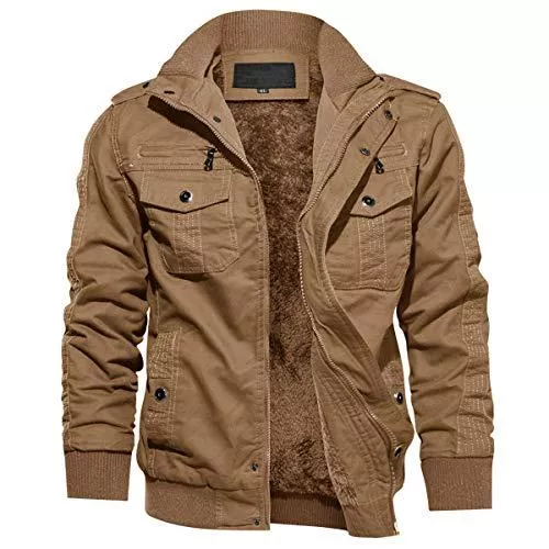 KEFITEVD Jacken KEFITEVD Fleece Gefüttert Army Jacke Herren Warme Herbst Winter Übergangsjacke mit Vielen Taschen US Feldjacke Retro Bomberjacke mit Stehkragen