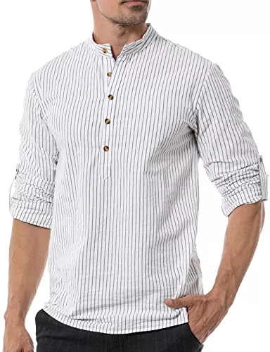 LucMatton Hemden LucMatton Herren Baumwolle Retro Stil Roll-up Langarm Shirt Casual Leinen-Like Henley Tops