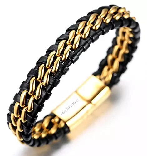 Halukakah Schmuck Halukakah ● Ehre ● Herren-Armband Handgefertigt | Echtleder in Schwarz | Magnetverschluss aus Edelstahl in Gold | KOSTENLOS Geschenkbox | Tolle Geschenkidee