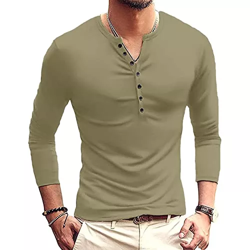 Ophestin Langarmshirts Herren Casual Henley Shirt Langarm Slim Fit Einfarbig Oberteile Basic Rundhals Grandad T-Shirt Knöpfe Tee Tops