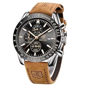BY BENYAR Uhren BENYAR herrenuhr Braun Leder Strap Chronograph Quarz Uhr Männer Datum Kalender Wasserdicht Armbanduhr Herren Sport mit Blau/Schwarz Zifferblatt Elegantes Geschenk