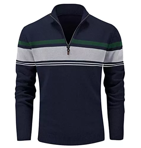 MAGCOMSEN Pullover & Strickmode MAGCOMSEN Herren Strickpullover Stehkragen 1/4 Zip Pullover Gestreift Sweater Baumwolle Langarm Sweatshirt Fleece Stretch Arbeitspullover Herbst Winter Feinstrick Pulli