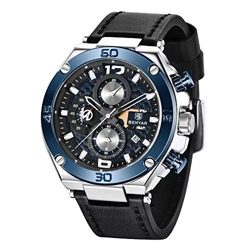 BY BENYAR Uhren BENYAR herrenuhr Braun Leder Strap Chronograph Quarz Uhr Männer Datum Kalender Wasserdicht Armbanduhr Herren Sport mit Blau/Schwarz Zifferblatt Elegantes Geschenk