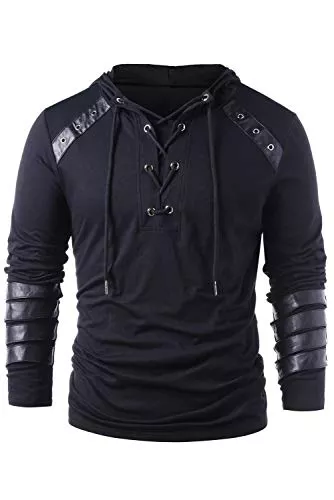 helymore Kapuzenpullover helymore Herren Kordelzug mit Kapuze, Steampunk, Gothic, Langarm, für Ritter, Mittelalter, Pullover, Bandage, Leder, Schwarz