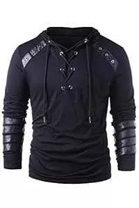 helymore Kapuzenpullover helymore Herren Kordelzug mit Kapuze, Steampunk, Gothic, Langarm, für Ritter, Mittelalter, Pullover, Bandage, Leder, Schwarz