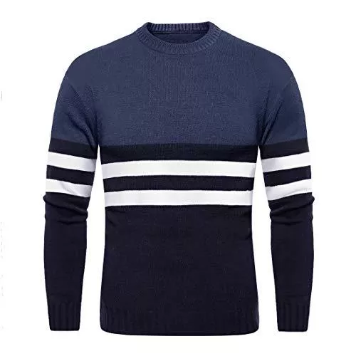 KEFITEVD Pullover & Strickmode KEFITEVD Gestreifter Strickpullover Herren Rundhals-Ausschnitt Elastisch Feinstrickpullover Männer Herbst Winter Pullover Langarm Pulli