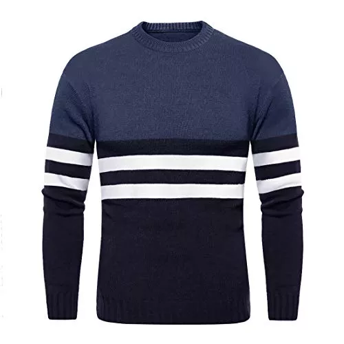 KEFITEVD Pullover & Strickmode KEFITEVD Gestreifter Strickpullover Herren Rundhals-Ausschnitt Elastisch Feinstrickpullover Männer Herbst Winter Pullover Langarm Pulli
