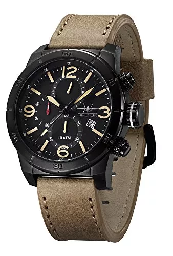 FIREFOX Uhren FIREFOX Herren- Armbanduhr Soldier analog Quarz Chronograph Edelstahl schwarz beige Lederarmband Datumsanzeige 10 ATM wasserdicht FFS255-110