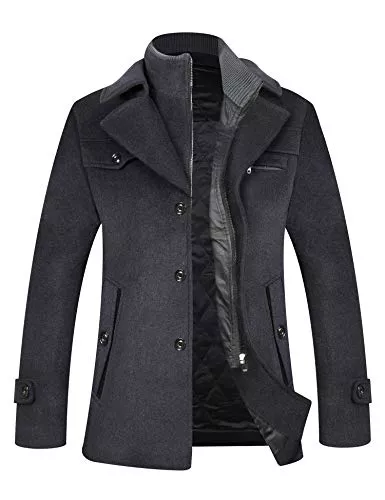 ELETOP Mäntel ELETOP Herren Mantel Wolljacke Einreihig Winter Erbsenmantel Abnehmbarer Kragen Windbreaker