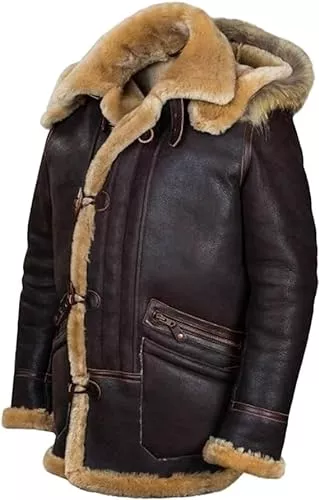 MUGUOY Jacken MUGUOY Jacket Pilot From Sheepskin Parka Art,Men's Winter Warm Fleece Lined Removable Vintage Hood Jacket Aviator Coat