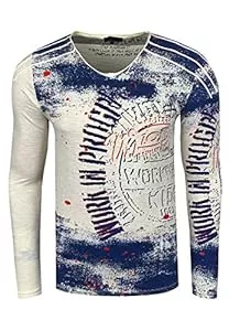 R-Neal Langarmshirts Longshirt Rusty Neal Herren Langarm Shirt Longsleeve Oil Wash Verwaschen Stretch Plakativer Front Print 155