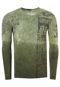 R-Neal Langarmshirts Longshirt Rusty Neal Herren Langarm Shirt Longsleeve Oil Wash Verwaschen Stretch Plakativer Front Print 155