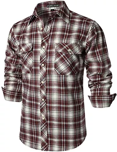 PARKLEES Hemden PARKLEES Herren Freizeithemden Regular Fit Button Down Check Kariert Flanellhemden mit Taschen