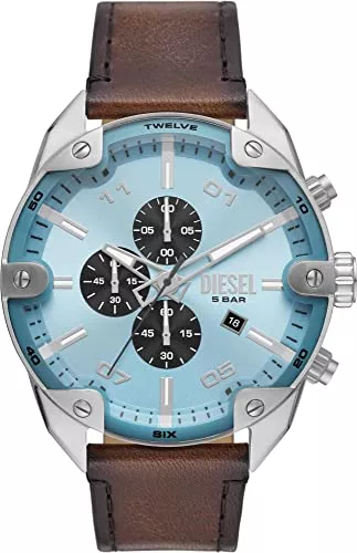 Diesel Uhren Diesel Chronograph, Edelstahluhr mit Lederarmband Spiked für Herren, 49 mm Gehäusegröße