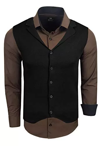 R-Neal Hemden R-Neal Herren Hemd Weste Set Business Slim Fit Stretch Strick-Weste Anzug-Set Sakko Hemden 44/40