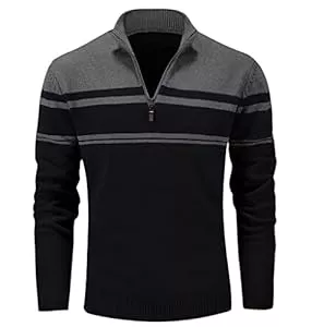 MAGCOMSEN Pullover & Strickmode MAGCOMSEN Herren Strickpullover Stehkragen 1/4 Zip Pullover Gestreift Sweater Baumwolle Langarm Sweatshirt Fleece Stretch Arbeitspullover Herbst Winter Feinstrick Pulli