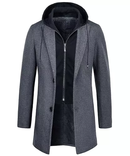 KTWOLEN Mäntel KTWOLEN Herren Mantel Winter Lang Warm Wollmantel Business Wintermantel Winterjacke Freizeit mit Herausnehmbarem Kapuze