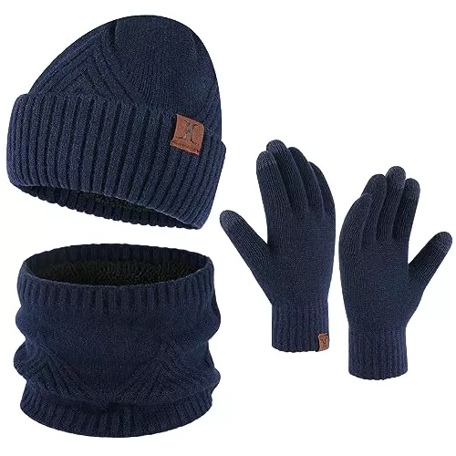 Bequemer Laden Hüte & Mützen Bequemer Laden Herren Winter Warm Mütze Loop Schal und Touchscreen Handschuhe Set mit Fleece Gefütterte Thermo Wintermütze Strickmütze Schlauchschal Winterhandschuhe Geschenk für Männer