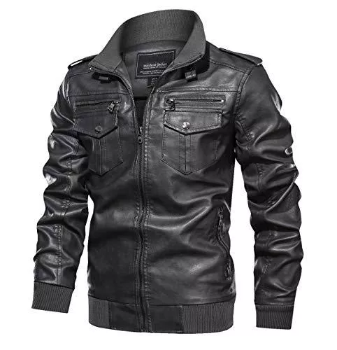 KEFITEVD Jacken KEFITEVD Herren Kunst-Lederjacke Bikerjacke Winter Army Jacke Stehkragen Herrenjacke Vintage PU Leder Fliegerjacke Motorradjacke Lässig Freizeitjacke