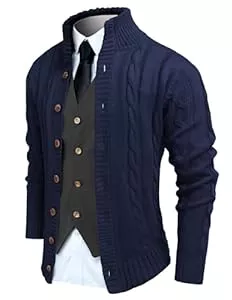 COOFANDY Strickjacken COOFANDY Herren Strickjacke Pullover Slim Fit Stehkragen Cardigan Casual Zopfstrick Button Down Pullover mit Taschen