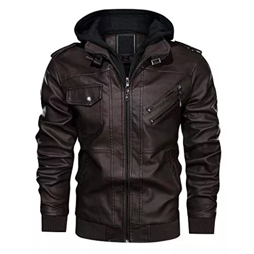 KEFITEVD Jacken KEFITEVD Herren Kunst-Lederjacke Bikerjacke mit Abnehmbarer Kapuze Übergangsjacke Vintage Bomberjacke Stylisch Herrenjacke Herbst Winter Freizeitjacke