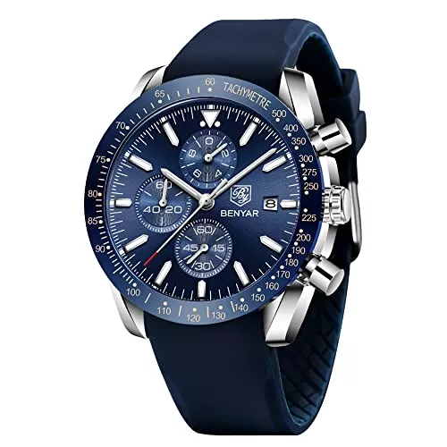 BY BENYAR Uhren BENYAR herrenuhr Braun Leder Strap Chronograph Quarz Uhr Männer Datum Kalender Wasserdicht Armbanduhr Herren Sport mit Blau/Schwarz Zifferblatt Elegantes Geschenk