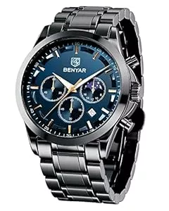 BY BENYAR Uhren BENYAR Herren Uhr Chronograph Analog Quarz Stilvolle Armbanduhr Wasserdicht Leuchtende Datum Herrenuhren Elegantes Business Uhren Geschenk für Männer Lederband/Edelstahlarmband