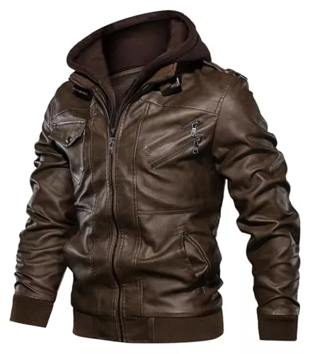 Uusollecy Jacken Uusollecy Herren Lederjacke, Abnehmbarer Kapuze Hooded Leather Jacket Mit Reißverschluss