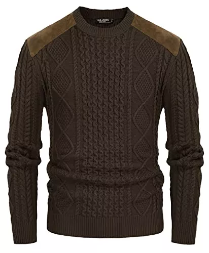 PJ PAUL JONES Pullover & Strickmode PJ PAUL JONES Herren Military Pullover Sweater Crewneck Vintage Zopfmuster Pullover mit Wildleder Patchwork