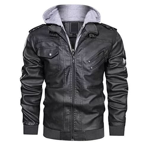 KEFITEVD Jacken KEFITEVD Herren Kunst-Lederjacke Bikerjacke mit Abnehmbarer Kapuze Übergangsjacke Vintage Bomberjacke Stylisch Herrenjacke Herbst Winter Freizeitjacke