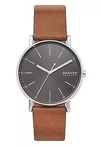 Skagen Uhren Skagen Herrenuhr Signatur, Dreizeiger Uhrwerk, 40mm Silbernes Edelstahlgehäuse mit Lederarmband, SKW6578