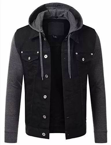 HASHOOB TRADING FZE Jacken HASHOOB TRADING FZE Herren Schwarze Jeansjacke für Herren, abnehmbare Kapuze, Langarm, Knopftasche, Mantel, Jacke, Freizeitkleidung, Jeansjacke, Windjacke, stilvolles Design
