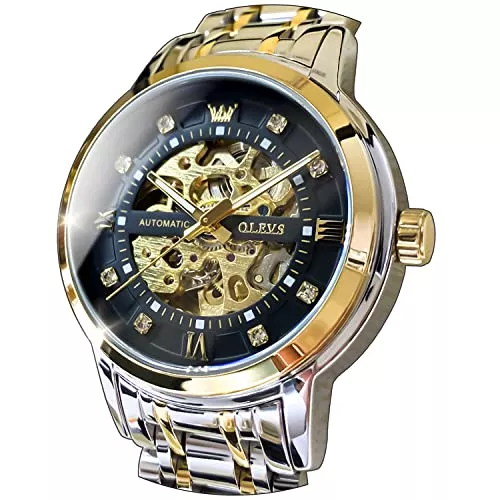 OLEVS Uhren OLEVS Herrenuhren Automatik Skelett Gold Schwarz Mechanische Armbanduhr mit Diamant Wasserdicht Leuchtende Männer Uhr