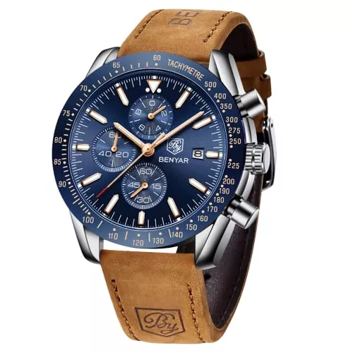 BY BENYAR Uhren BENYAR herrenuhr Braun Leder Strap Chronograph Quarz Uhr Männer Datum Kalender Wasserdicht Armbanduhr Herren Sport mit Blau/Schwarz Zifferblatt Elegantes Geschenk