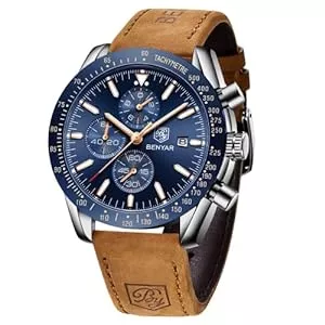 BY BENYAR Uhren BENYAR herrenuhr Braun Leder Strap Chronograph Quarz Uhr Männer Datum Kalender Wasserdicht Armbanduhr Herren Sport mit Blau/Schwarz Zifferblatt Elegantes Geschenk