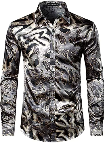 PARKLEES Hemden PARKLEES Herren Casual Luxus Bedrucktes Seide wie Satin Button Down Kleid Hemd für Party Hochzeit