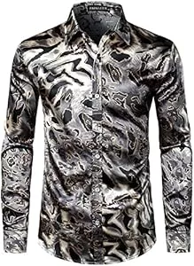 PARKLEES Hemden PARKLEES Herren Casual Luxus Bedrucktes Seide wie Satin Button Down Kleid Hemd für Party Hochzeit