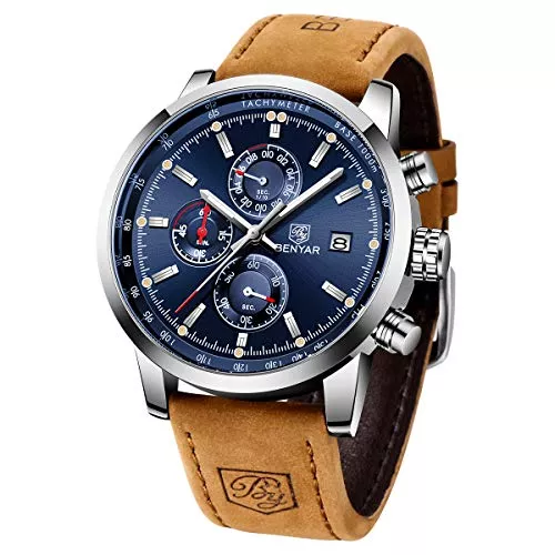 BY BENYAR Uhren Uhren Herren BENYAR Chronograph Quartz armbanduhren für Herren Uhr Schwarz Zifferblatt Business Military Sport Armbanduhr mit Leder Armband 30m Wasserdicht Elegantes Geschenk für männer